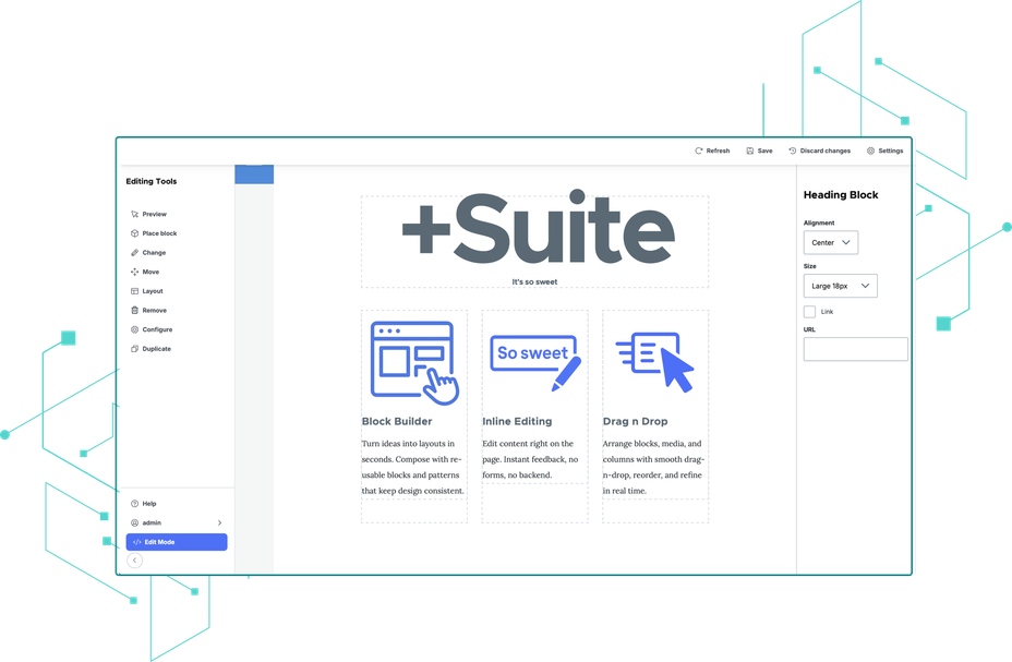 Illustration showing a modern web page layout built with Plus Suite’s drag-and-drop interface.